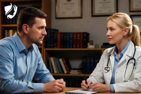 Консультация аддиктолога — врач славянской внешности внимательно оказывает поддержку пациенту с зависимостью в современном кабинете.